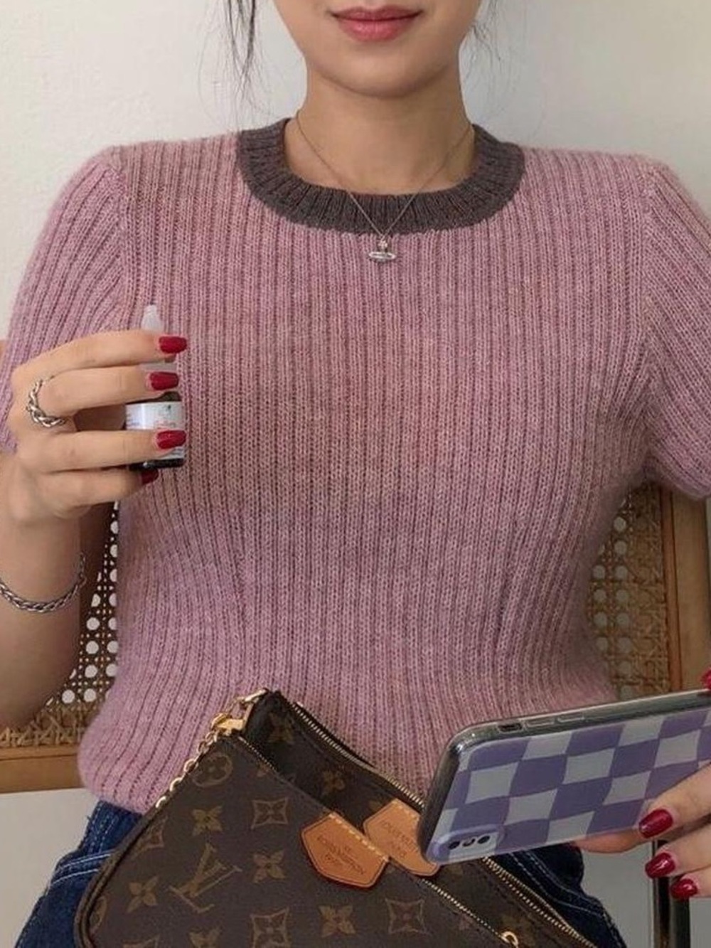 ECKHAUS LATTA • Pink Ribbed Sweater with Charcoal Trim - Small